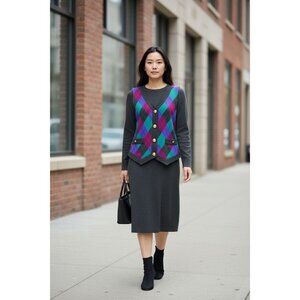 Leslie Fay Argyle Knit Cardigan & Dress Set Size 8 Gray Purple Gold Buttons